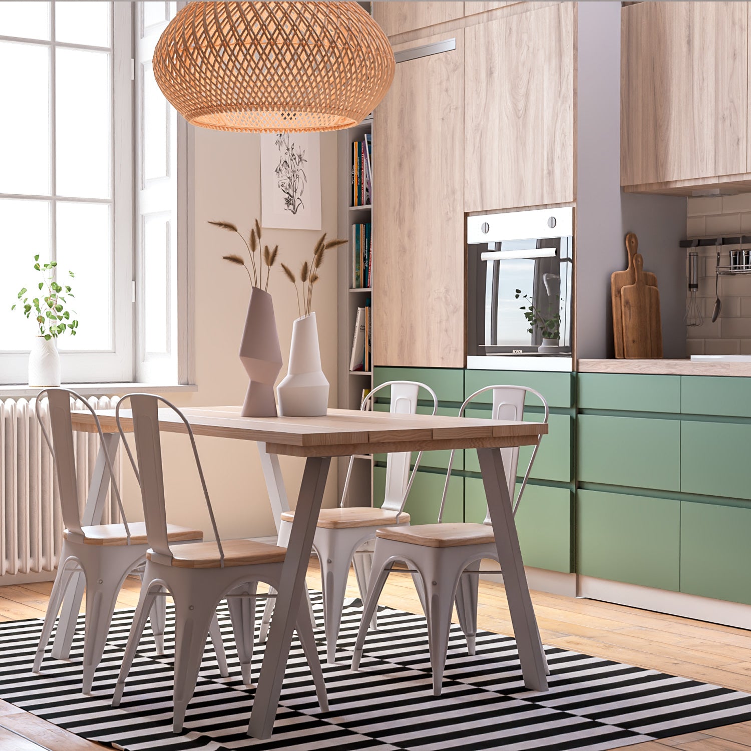 Juego de Comedor Linha Natural+4 Sillas Tolix Blanca