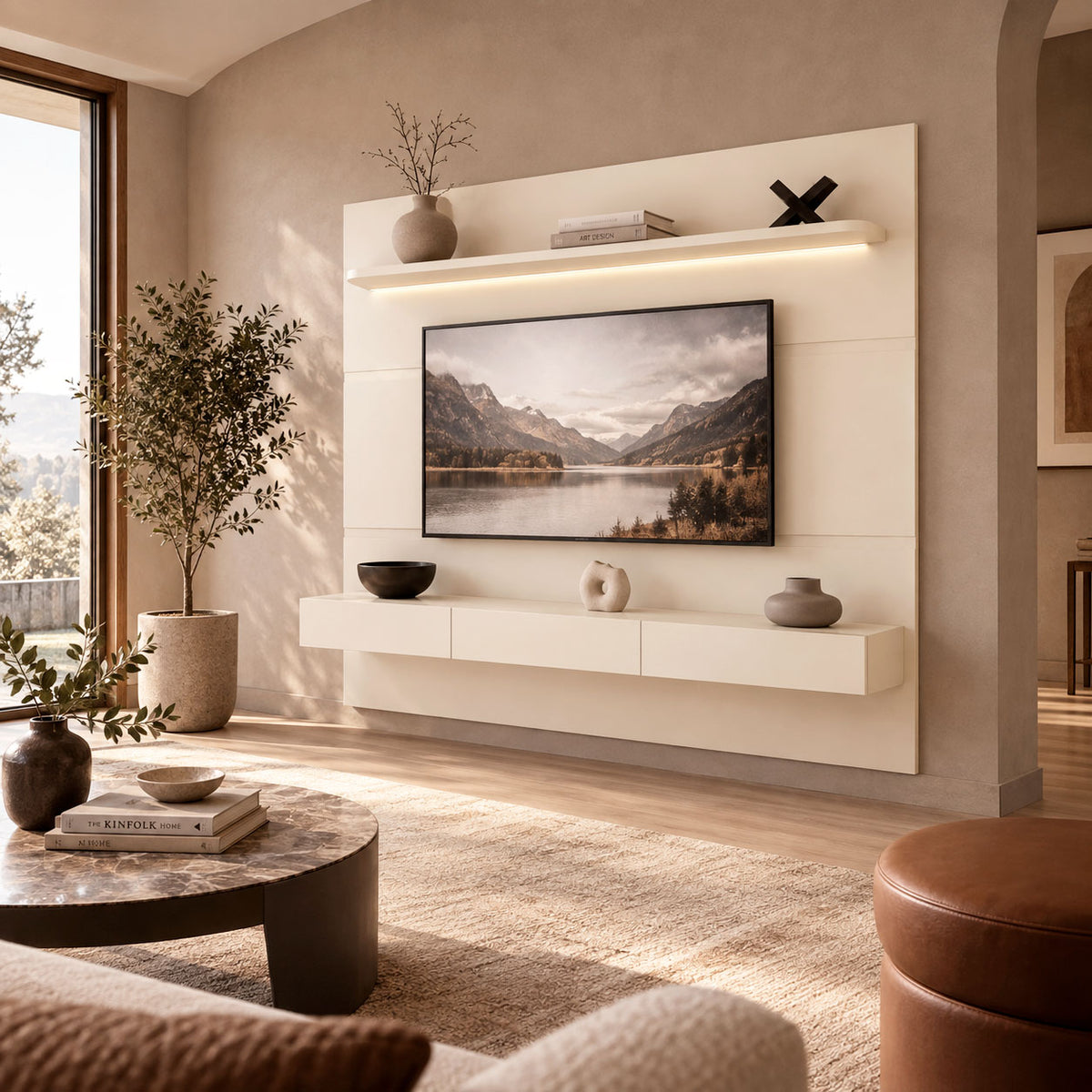 Panel de Muro para TV Home Royal 2.2 m Off-White – Rack Flotante con Iluminación LED & Repisa Flotante