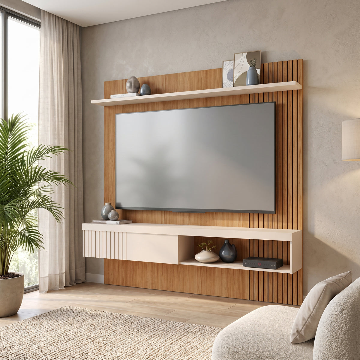 Rack Panel de Muro para TV Jade 1.8 m Castaño / Off-White – Rack Flotante con Repisa Superior
