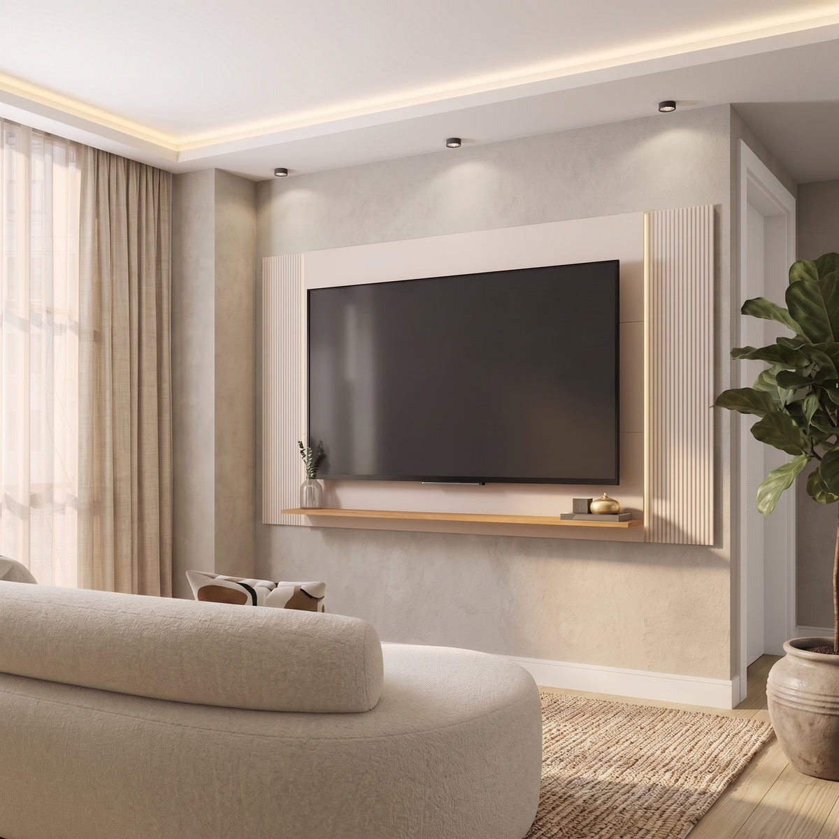 Panel de Muro para TV Mondrian Extensible – Rack Flotante Off-White con Varillado & Repisa