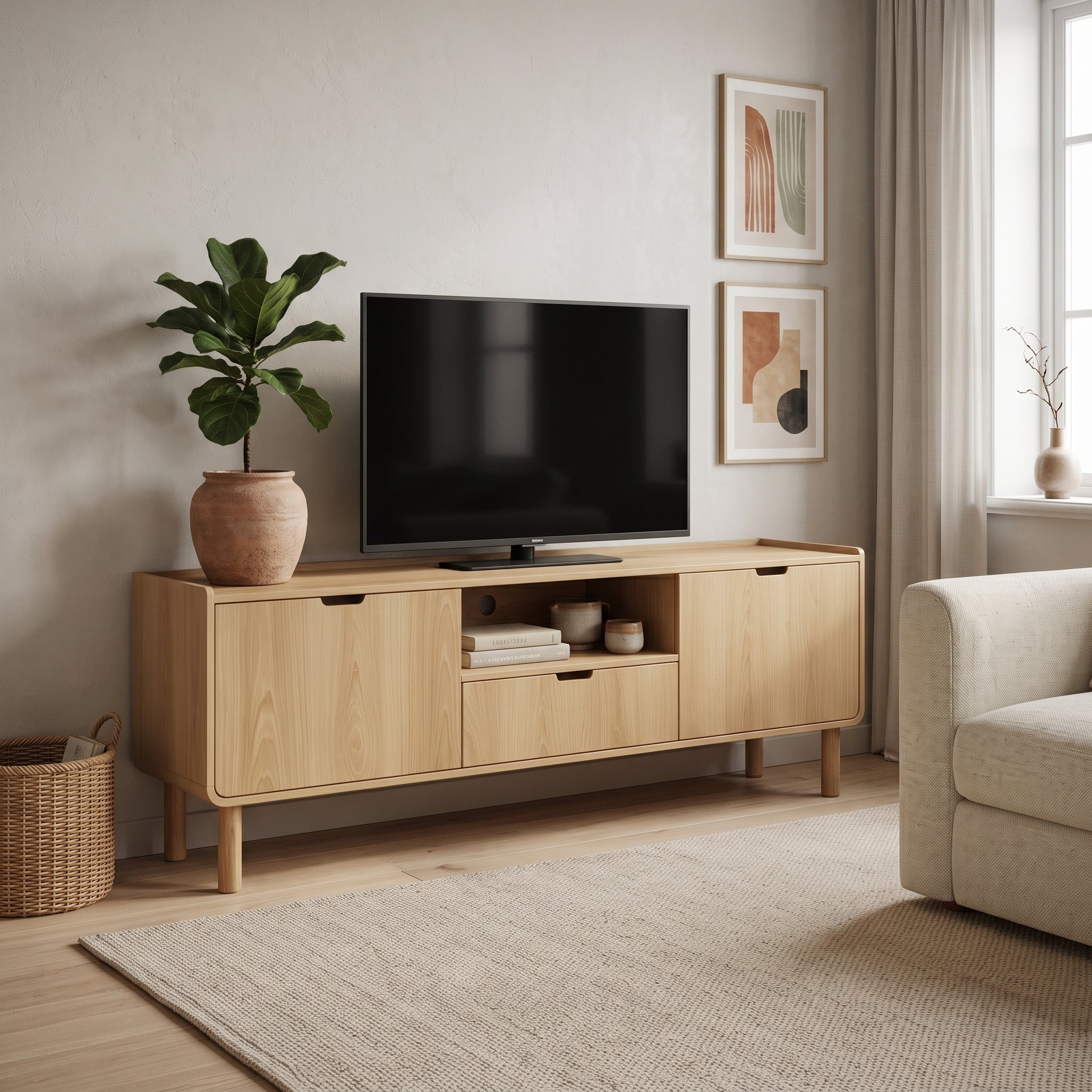 Rack Aurea Roble – Mueble de TV de Madera con Bordes Curvos para Pantallas de hasta 70"