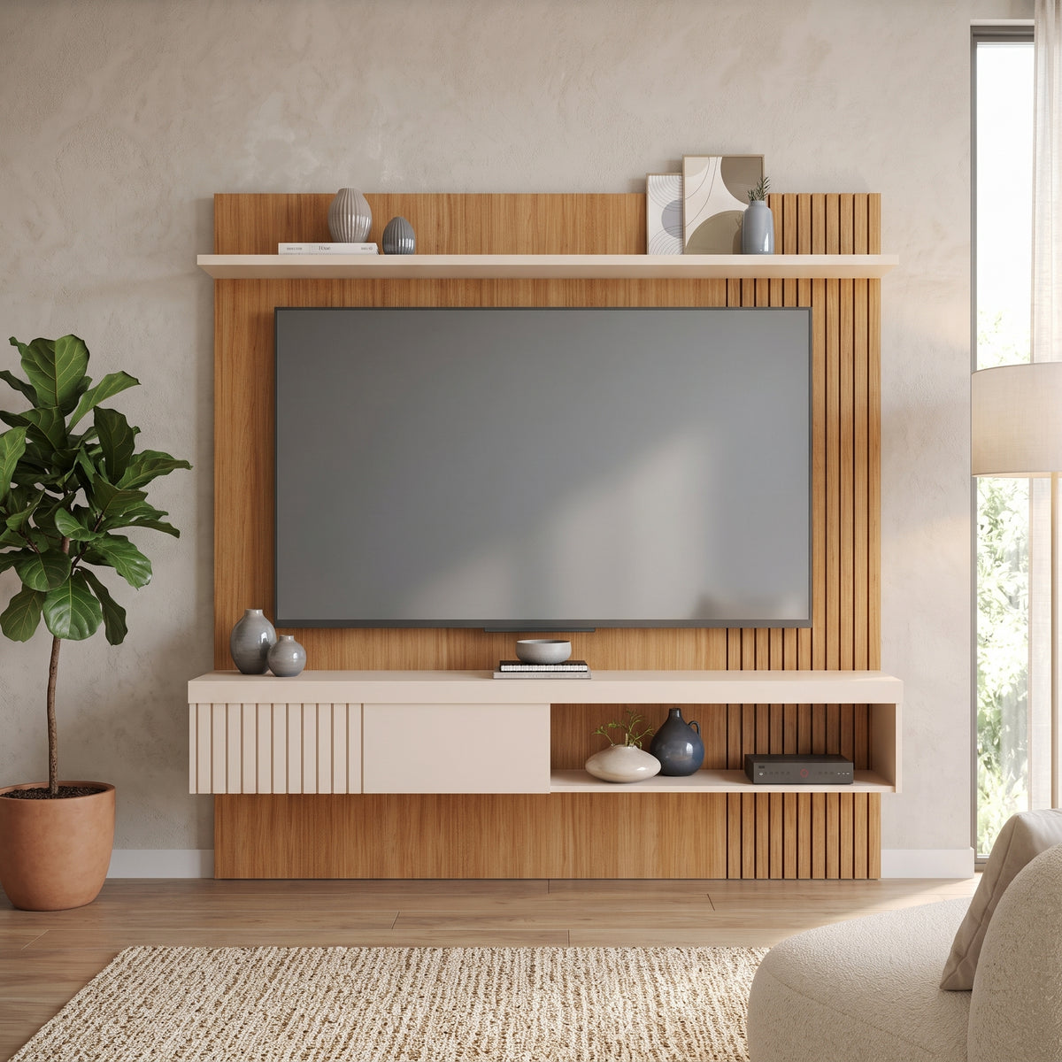 Rack Panel de Muro para TV Jade 1.8 m Castaño / Off-White – Rack Flotante con Repisa Superior