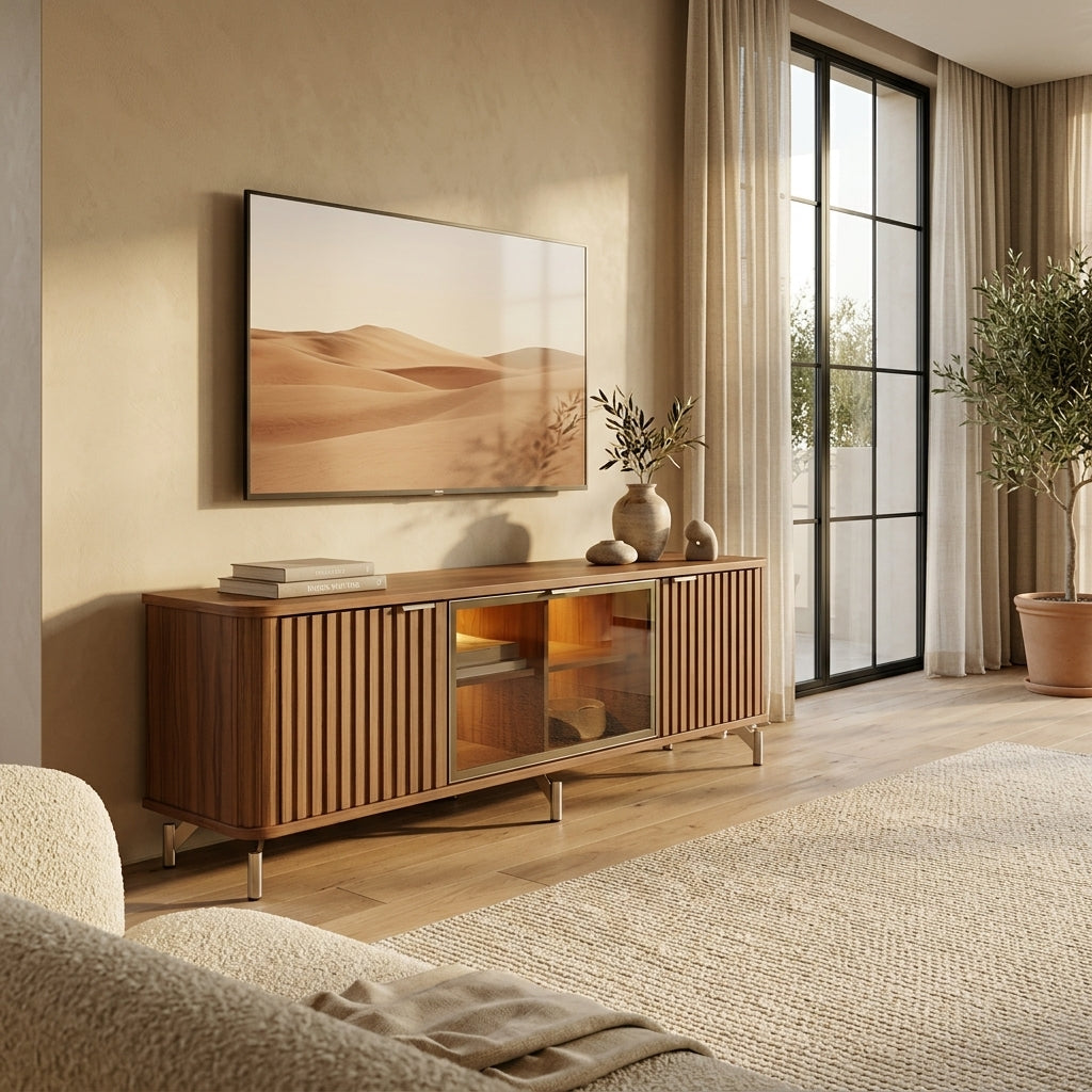 Rack TV Neon Float 1.7 m Canela – Mueble de TV 100% MDF con Puertas Alistonadas, Vidrio Reflecta & Luz LED