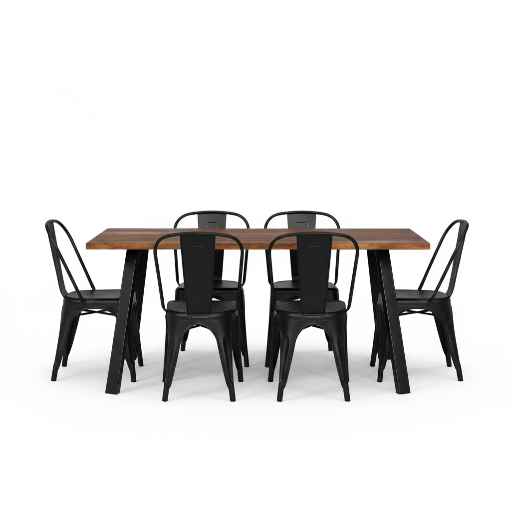 Juego de Comedor Paladio Nogal 6P + 6 Sillas Tolix Negra