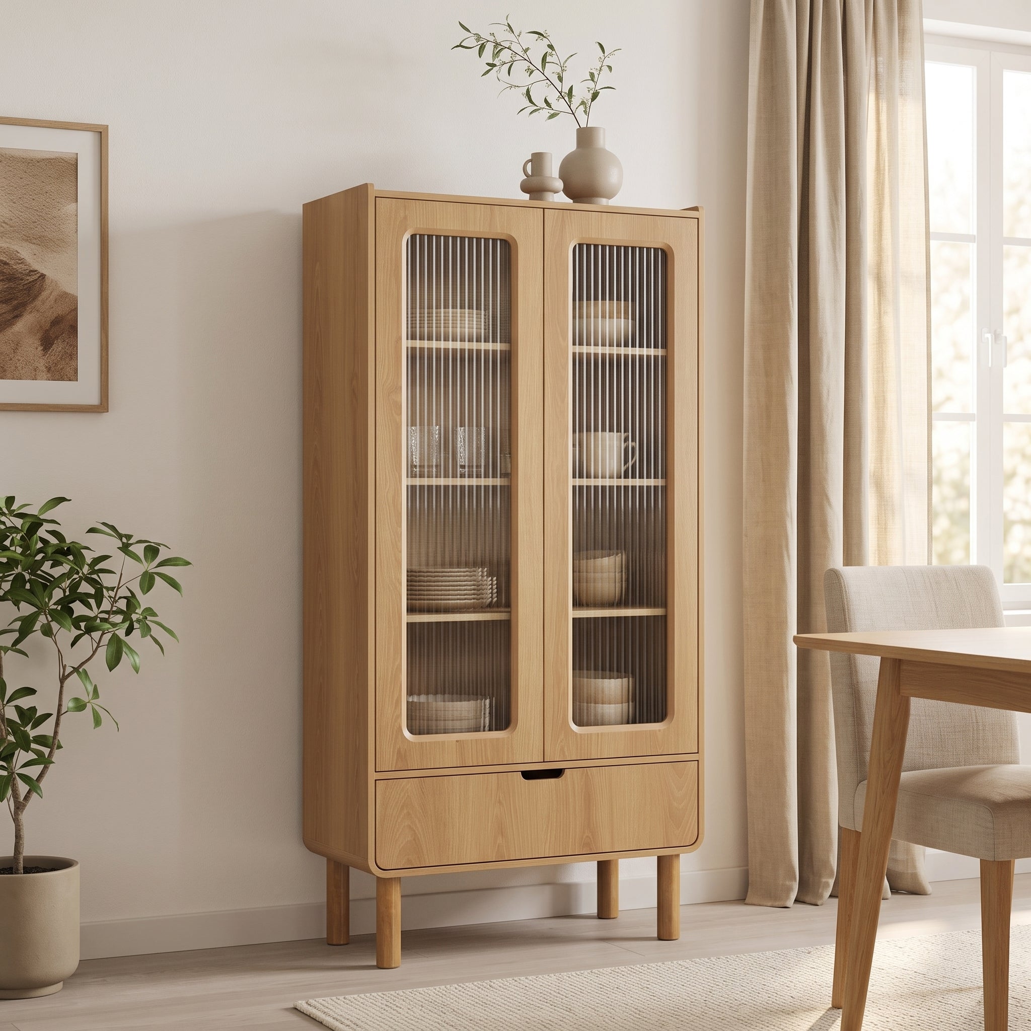 Vitrina Aura 1.8 m Natural – Vajillero 2 Puertas de Vidrio Acanalado en Madera Roble Claro
