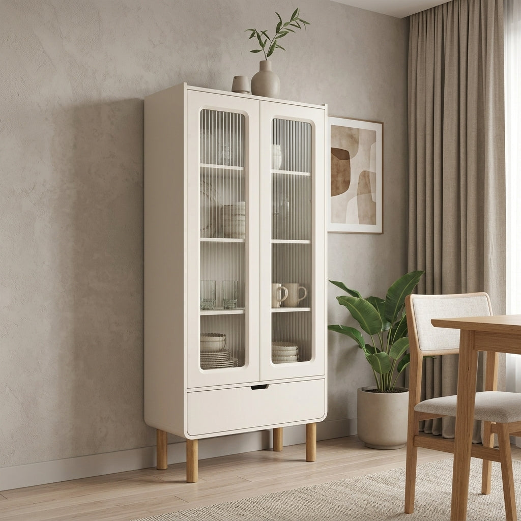 Vitrina Aura 1.8 m Off-White – Vajillero 2 Puertas de Vidrio Acanalado con Cajón & Patas de Madera