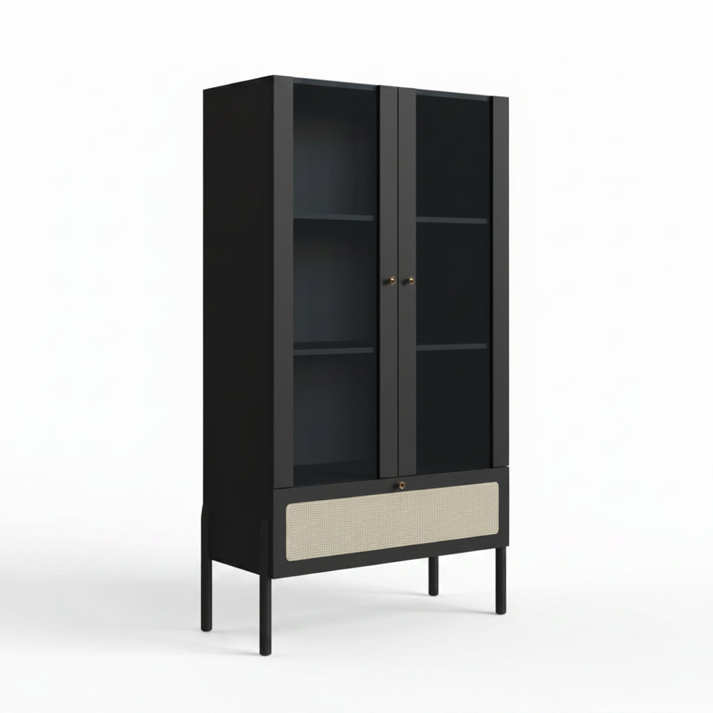 Vitrina Oslo Negro – Vajillero 2 Puertas de Vidrio con Cajón de Ratán & Tiradores Dorados