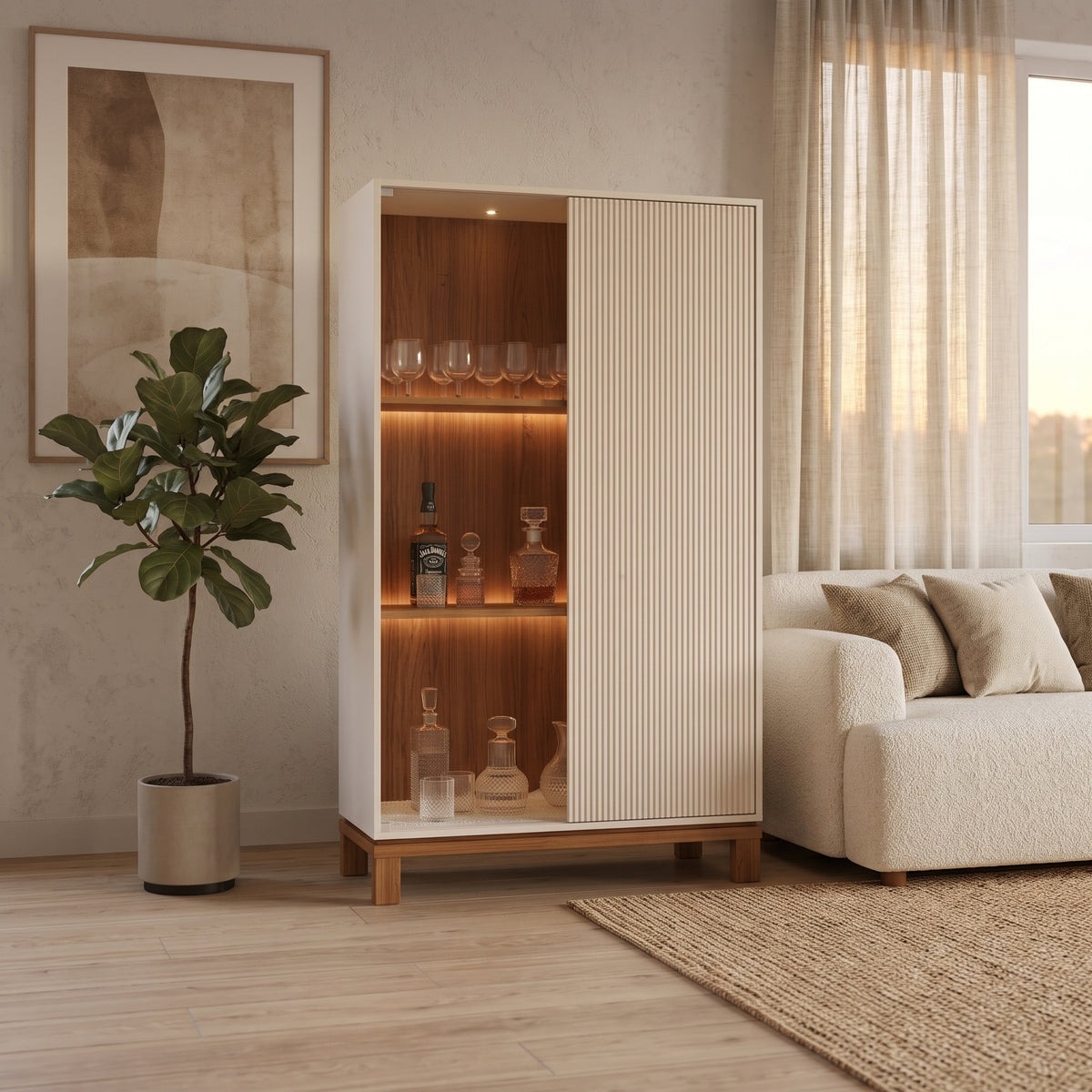 Vitrina Bar Mondrian Off-White / Castaño – Mueble de Guardado 2 Puertas (Lacada + Cristal) con Luz LED