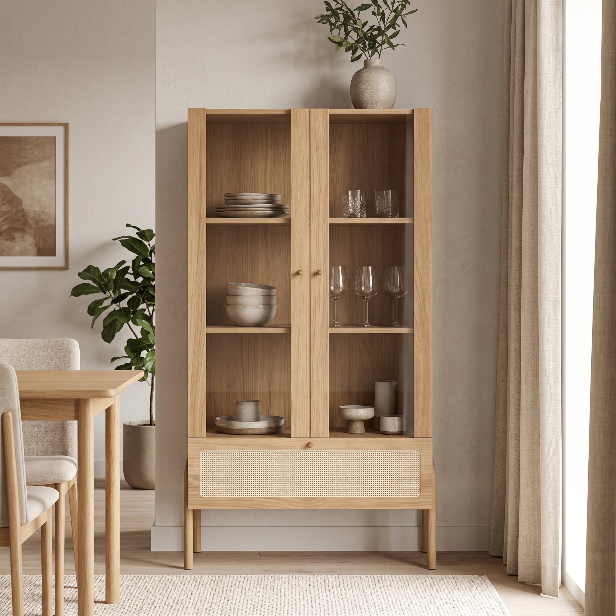 Vitrina Oslo Natural – Vajillero 2 Puertas de Vidrio con Cajón de Ratán & Madera Roble Claro