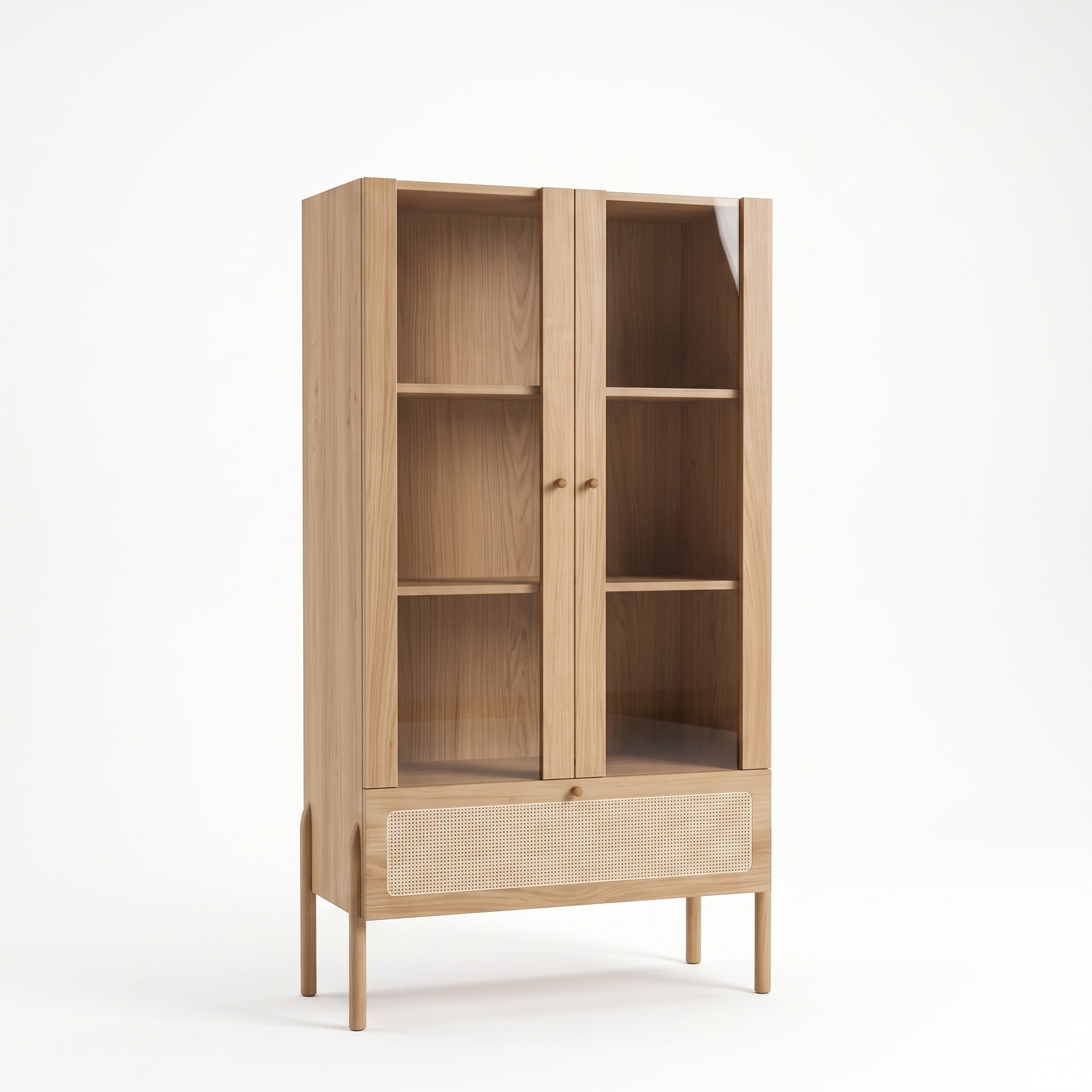 Vitrina Oslo Natural – Vajillero 2 Puertas de Vidrio con Cajón de Ratán & Madera Roble Claro