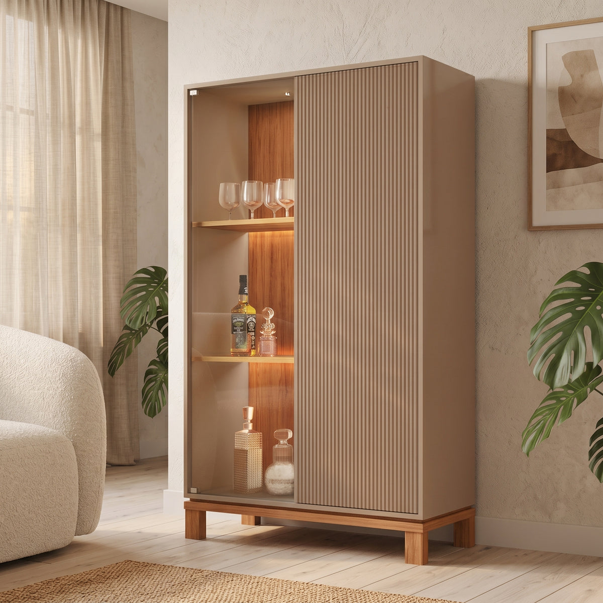 Vitrina Bar Mondrian Castaño / Visón – Mueble de Guardado 2 Puertas (Varillada + Cristal) con Luz LED