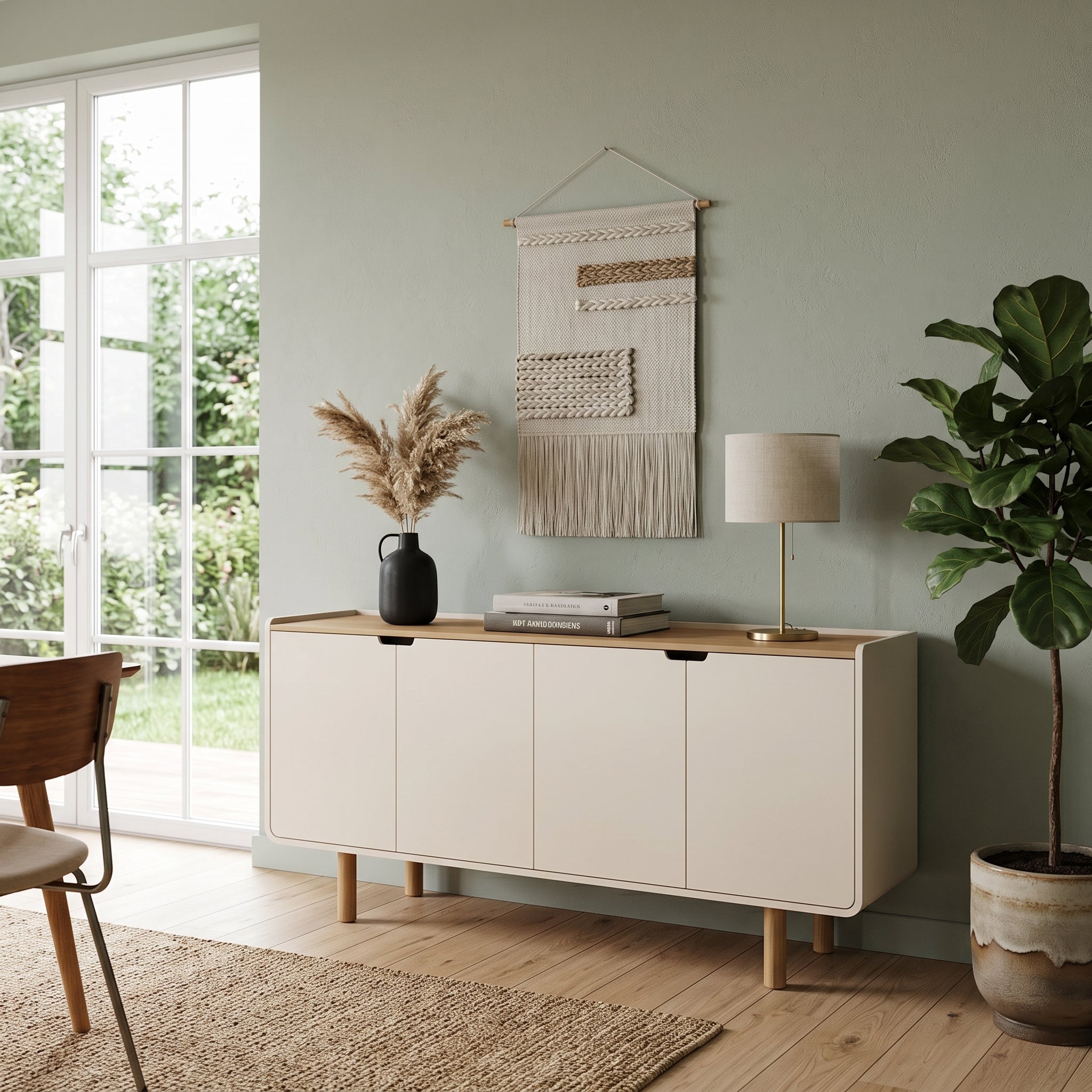 Buffet Aurea 4 Puertas Off White / Madera – Aparador de Comedor con Bordes Curvos
