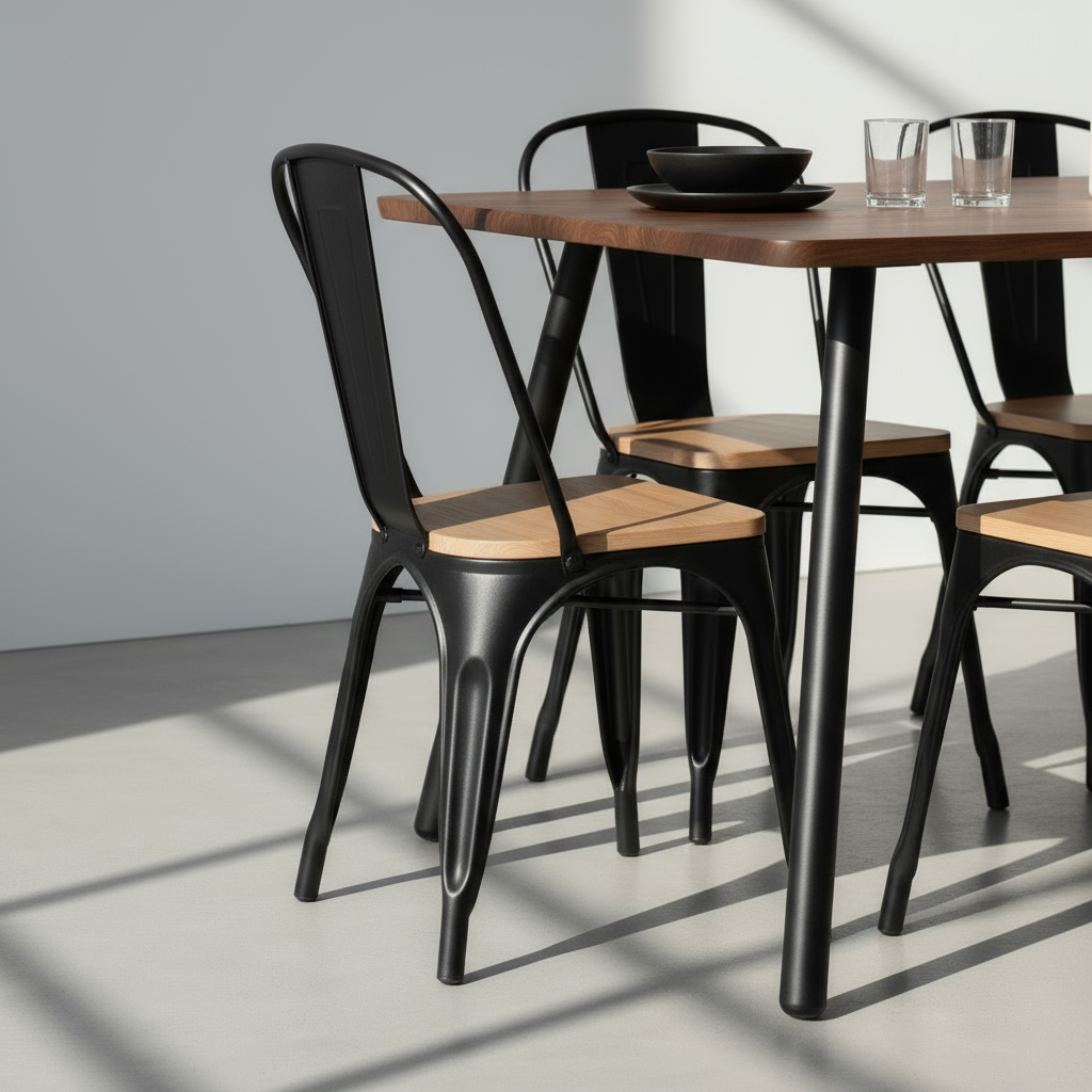 Juego de Comedor Aula Nogal 6P + Silla Tolix Madera