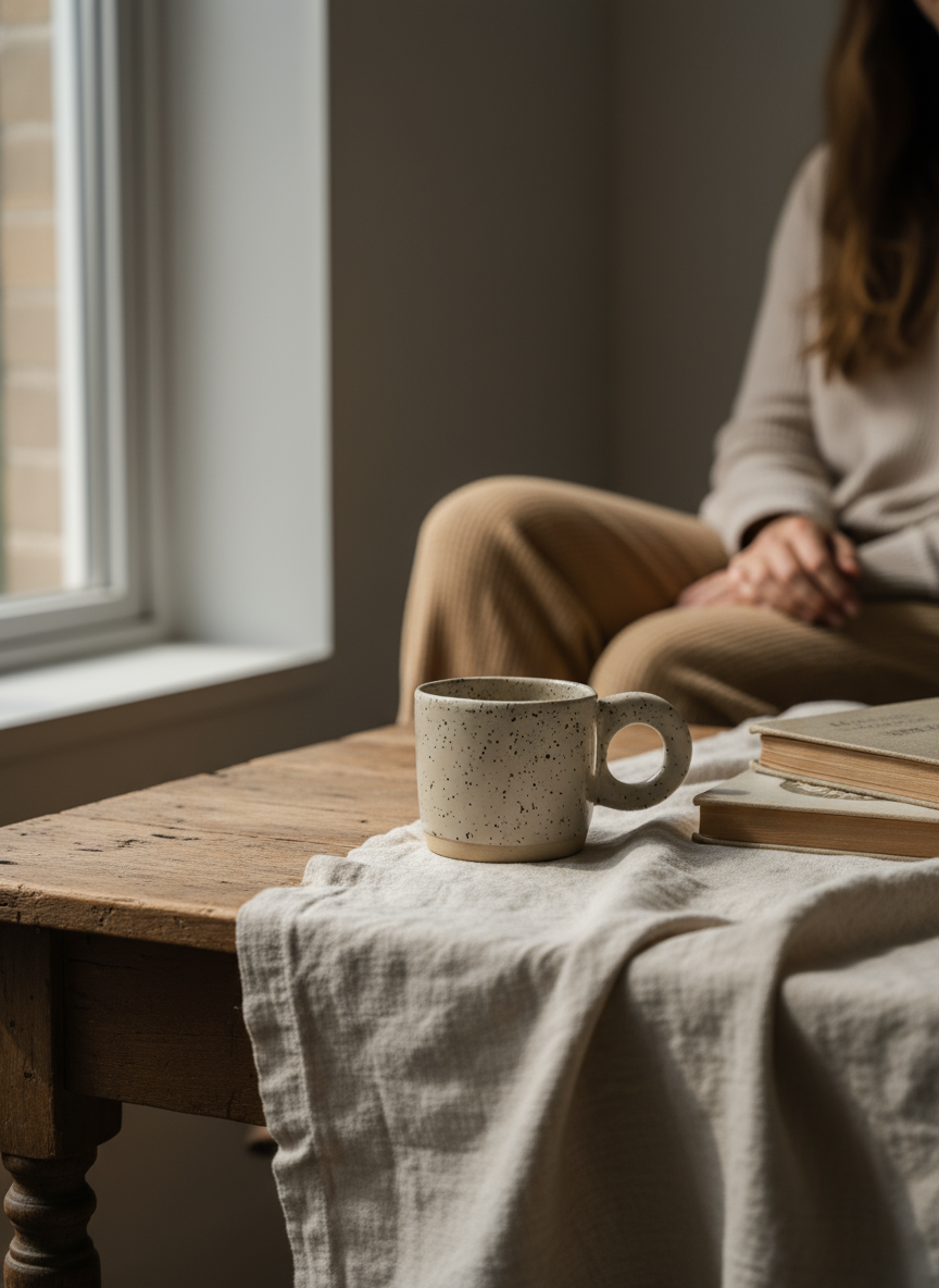 Editorial-style ceramic mug lifestyle scene