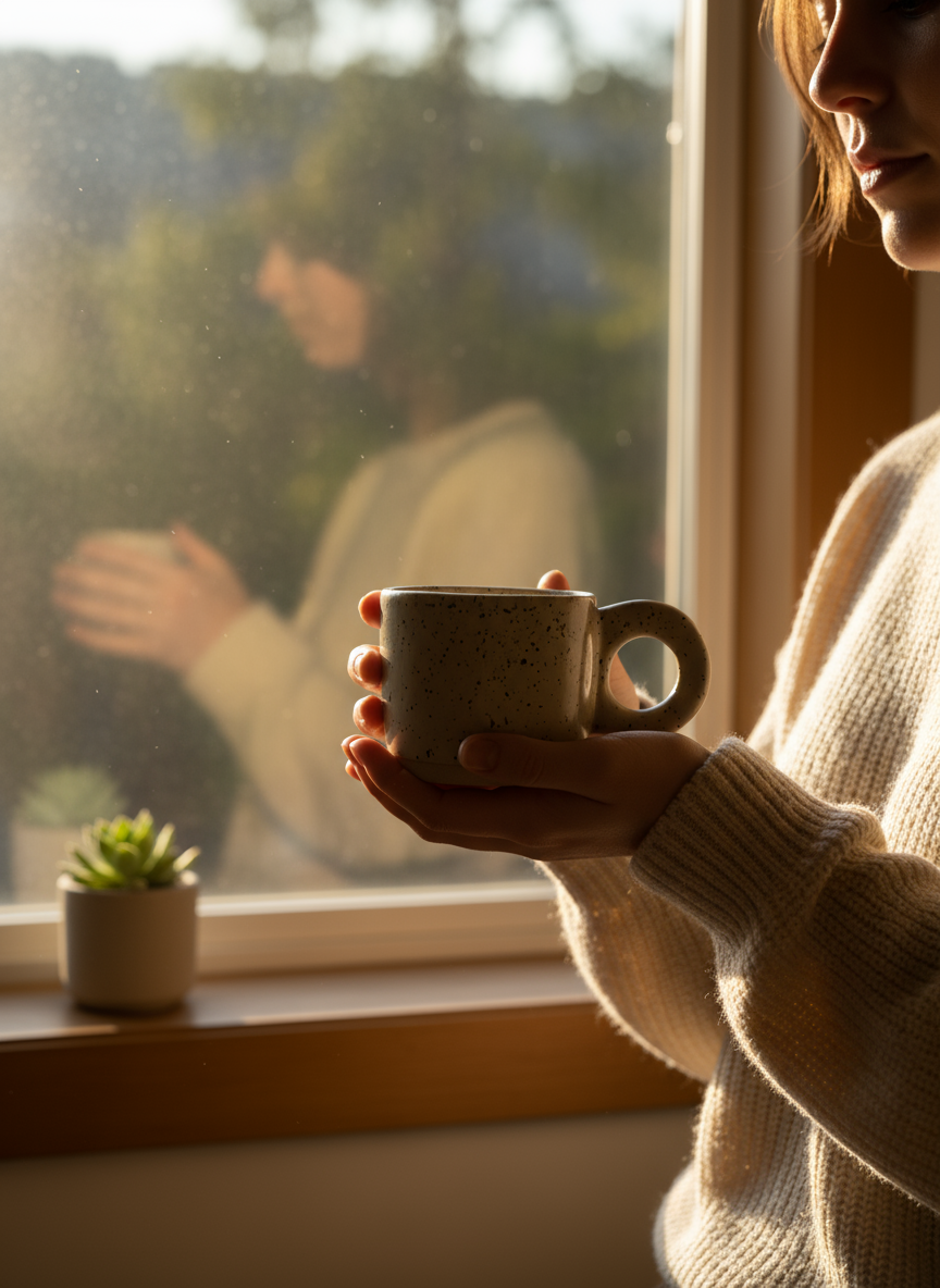 Editorial-style morning window scene with ceramic mug