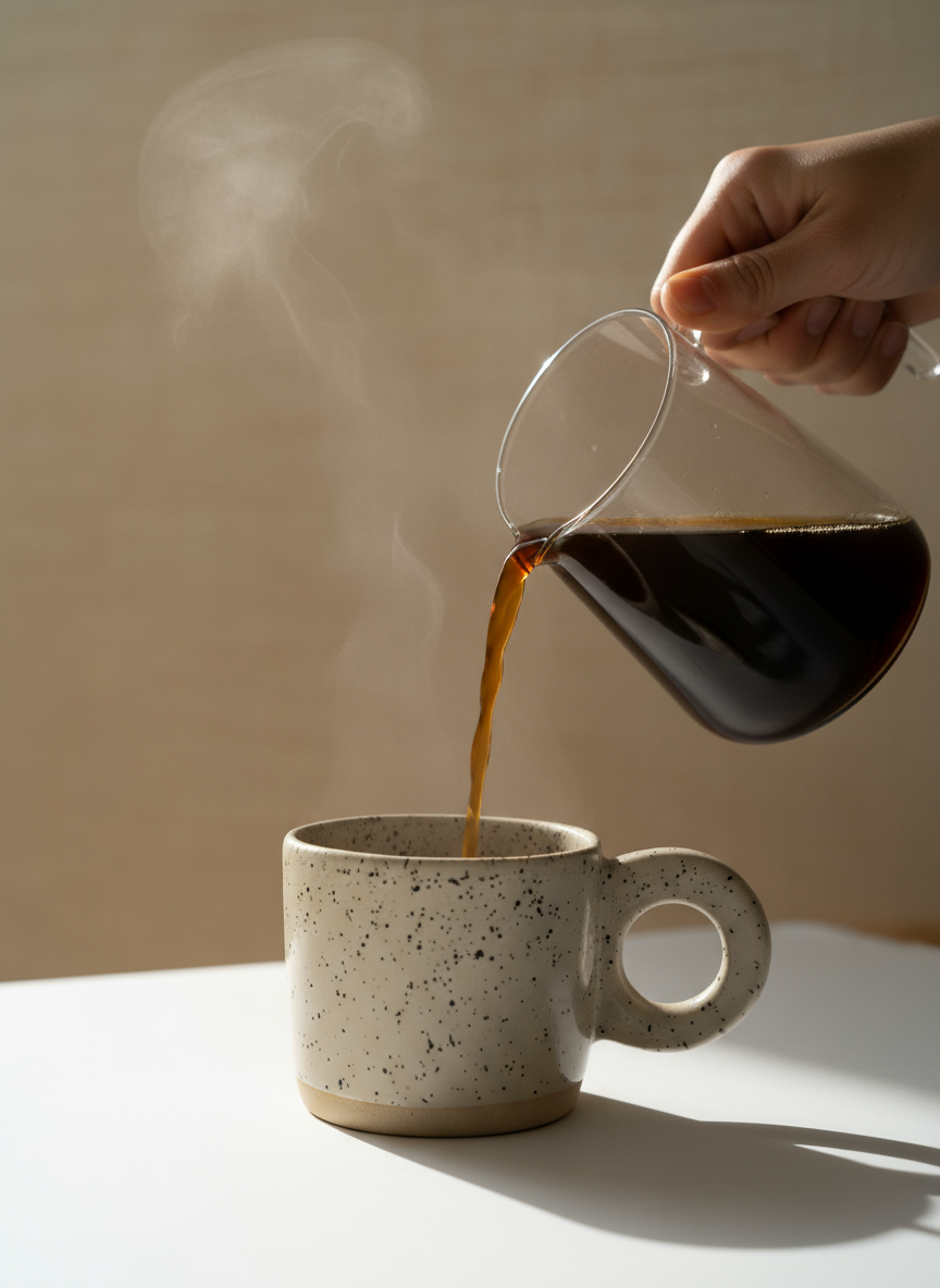 Editorial-style pouring coffee into ceramic mug