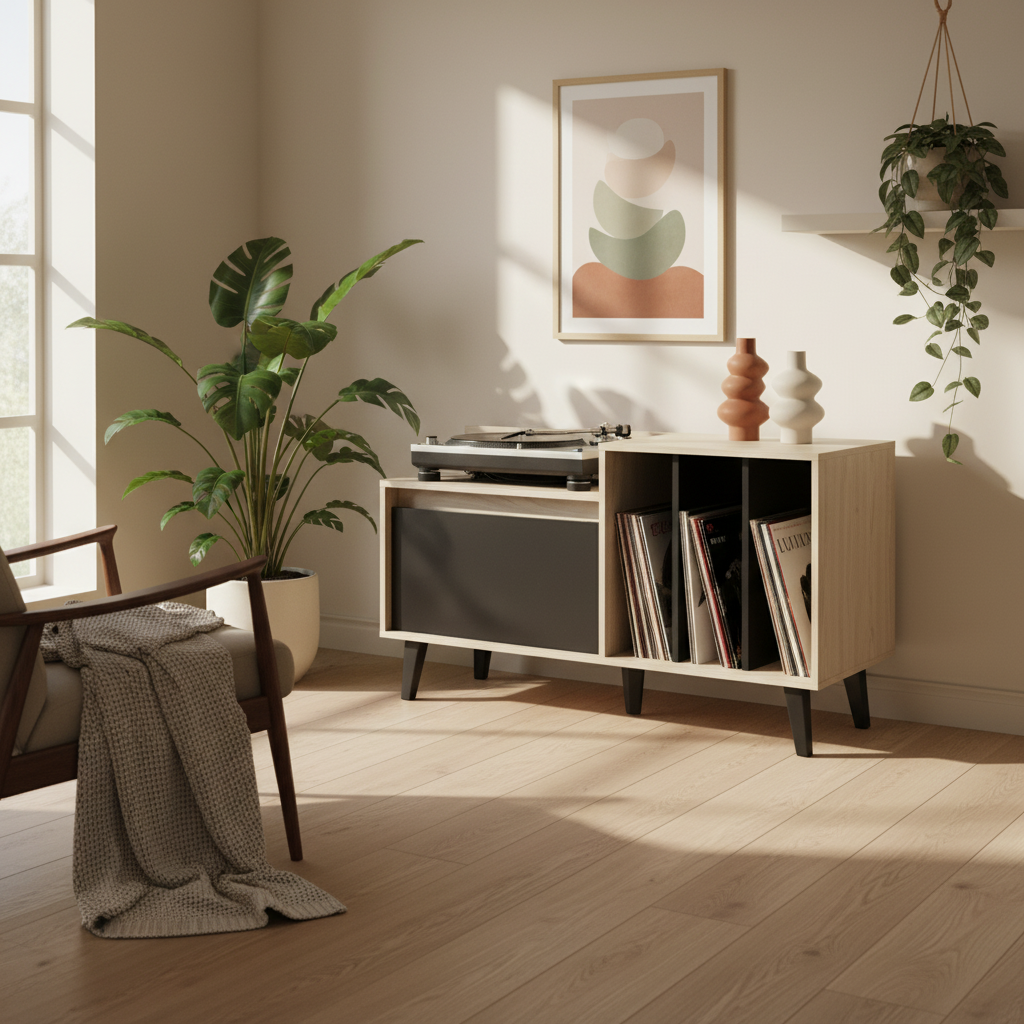 Editorial-style Rack Vinilo Nougat in Ferm Living-inspired interior