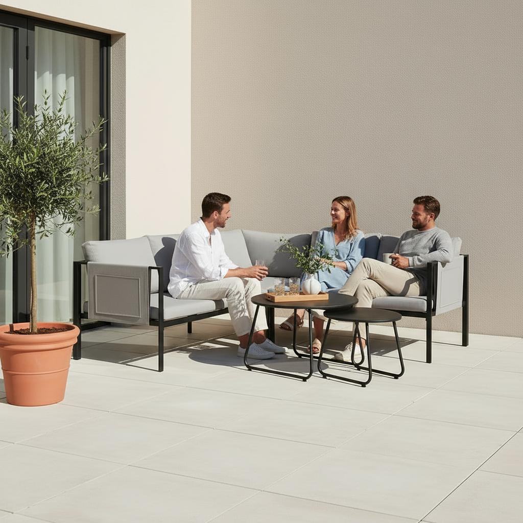 Editorial terrace set with evening gathering