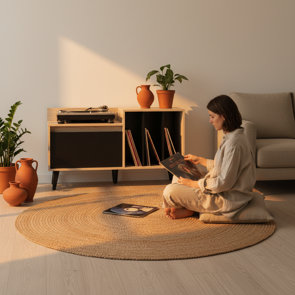 Escena de sala de estar con persona explorando vinilos al atardecer