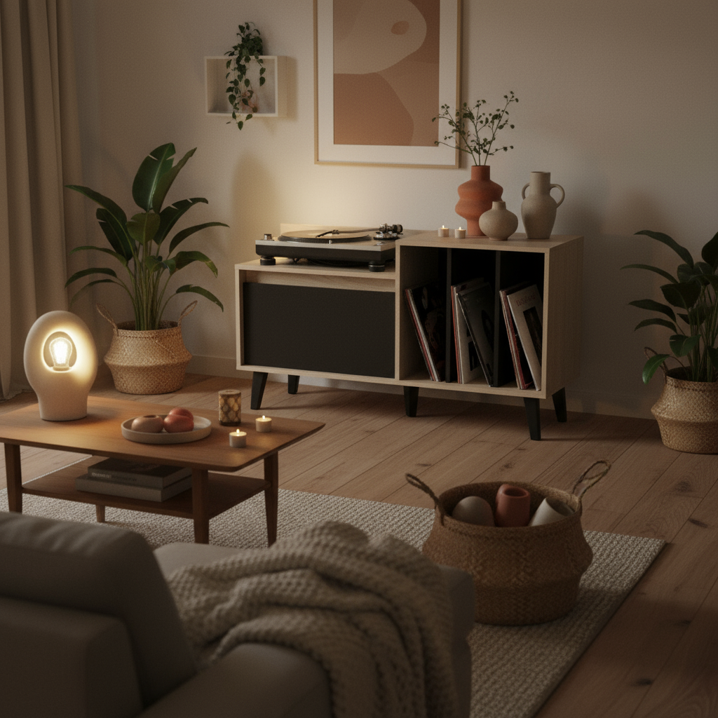 Escena nocturna del Rack Vinilo Nougat con iluminación cálida y ambiente contemplativo