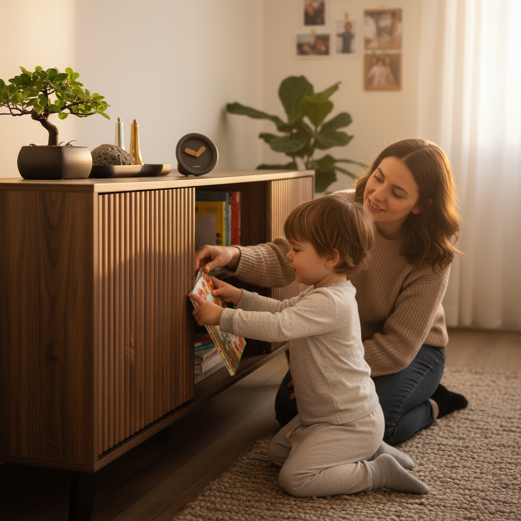 Family moment with child and adult using credenza