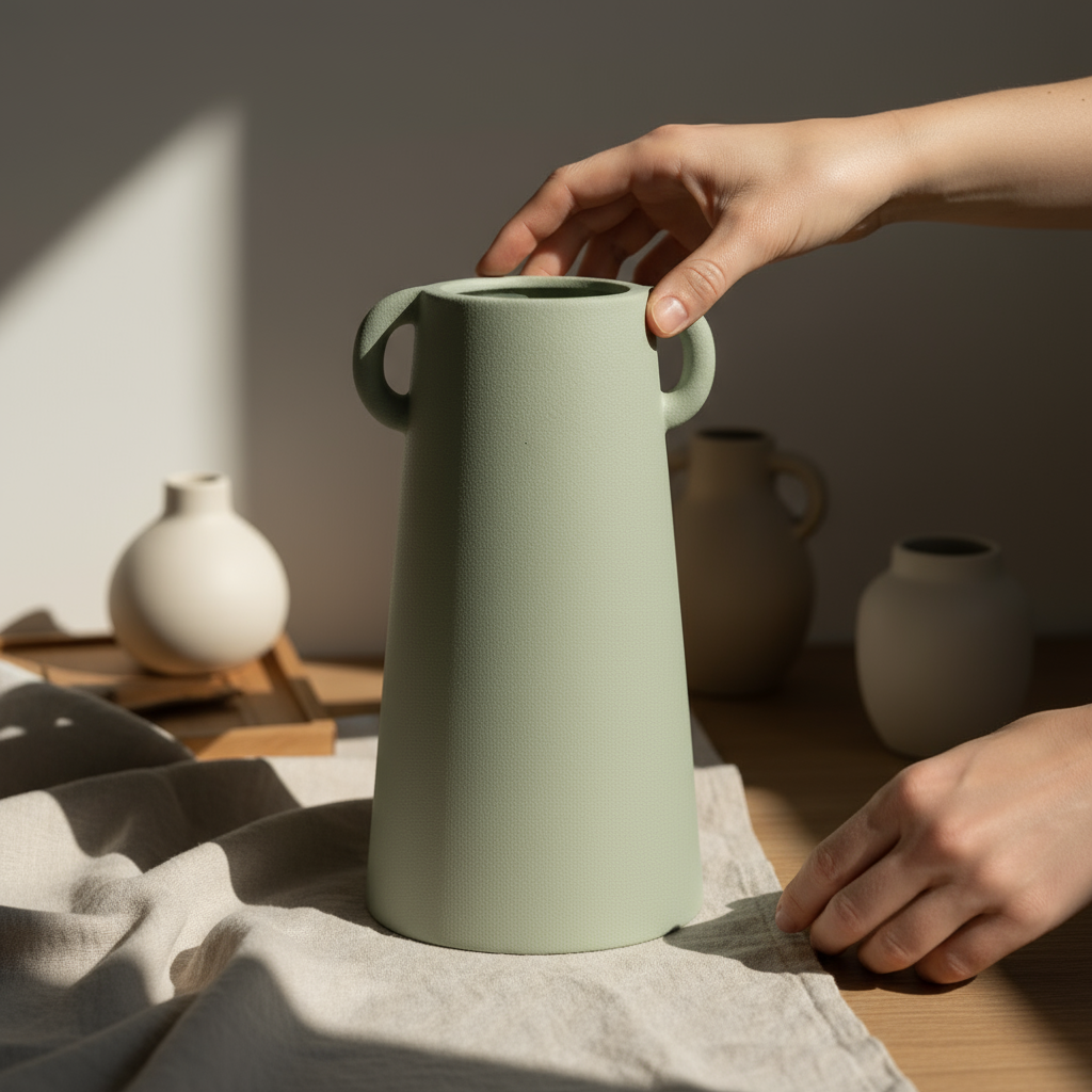 Hands gently holding ceramic vase by sculptural handles