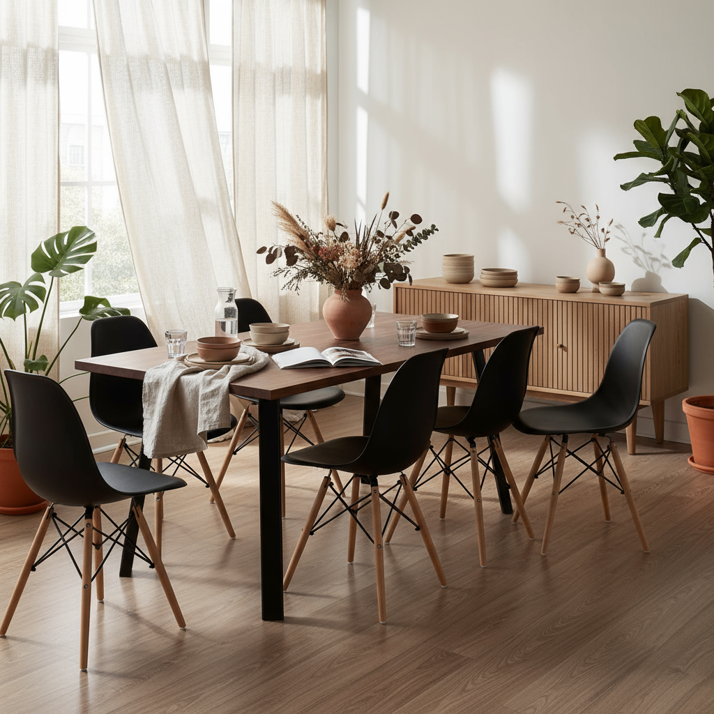 Juego de Comedor Paladio Nogal 6P + 6 Sillas DSW Negra