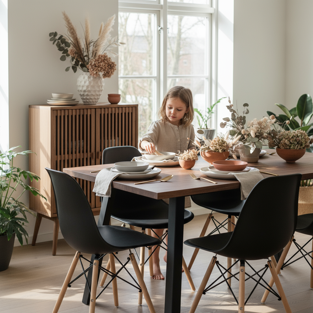 Juego de Comedor Paladio Nogal 6P + 6 Sillas DSW Negra