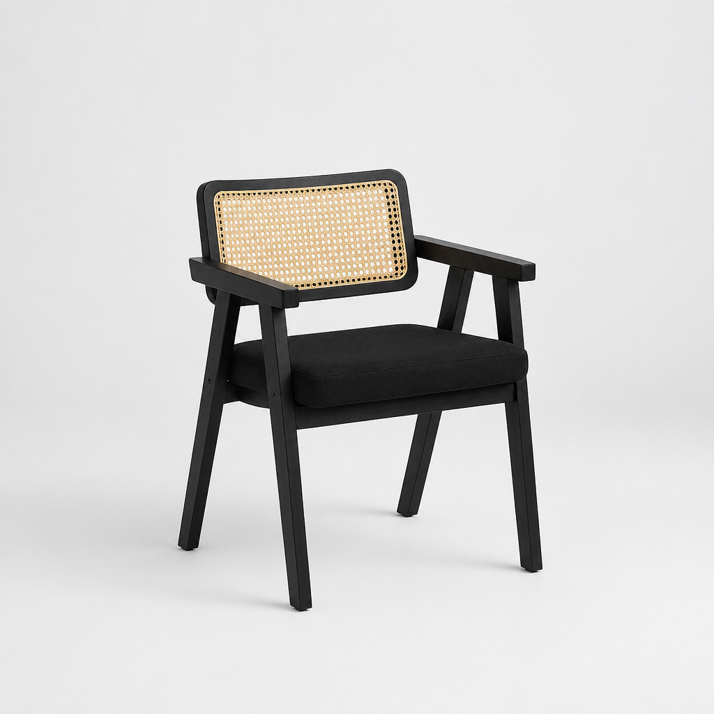Sitial Chandigarh Black de Madera Negra y Ratán – Silla de Acento para Comedor o Estar