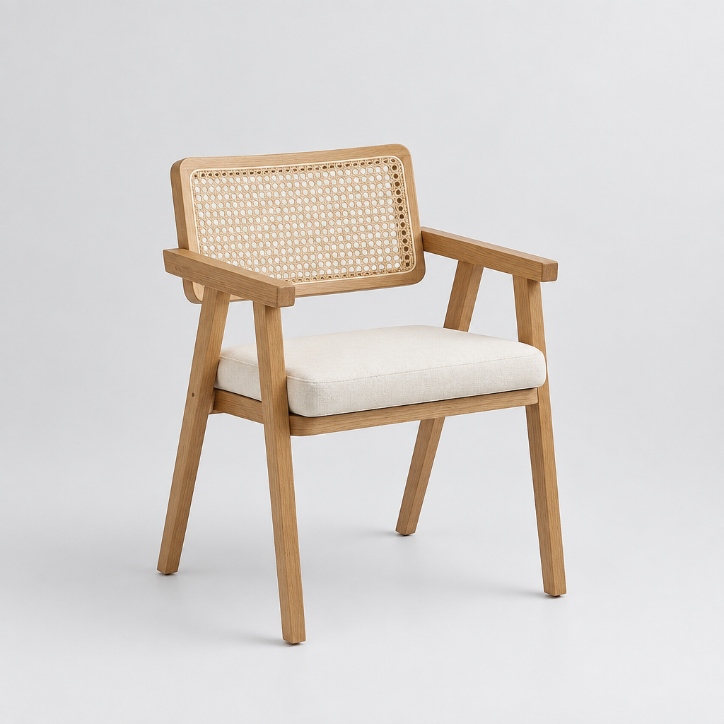 Sitial Chandigarh – Silla de Acompañamiento en Madera Natural, Respaldo de Ratán & Asiento Acolchado