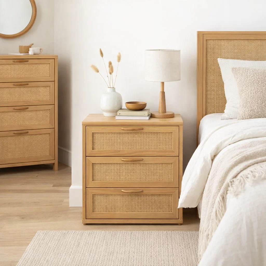 Velador Cómoda Bergen Natural – Mesa de Noche de 3 Cajones con Frente de Ratán