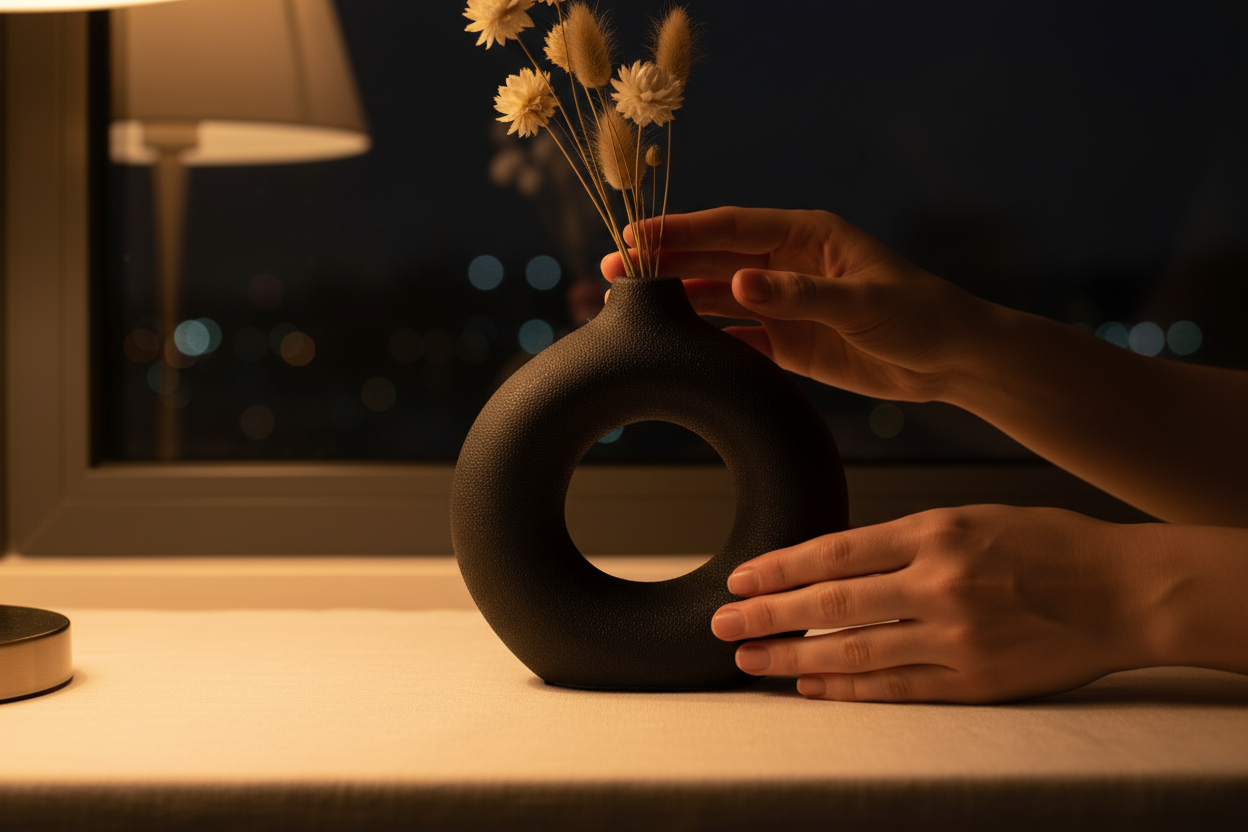 Jarrón negro con manos - momento editorial nocturno
