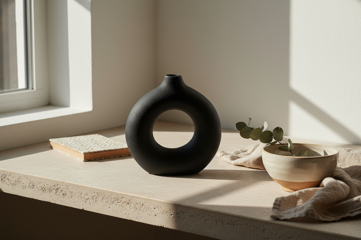 Jarrón negro con objetos complementarios - estilo editorial