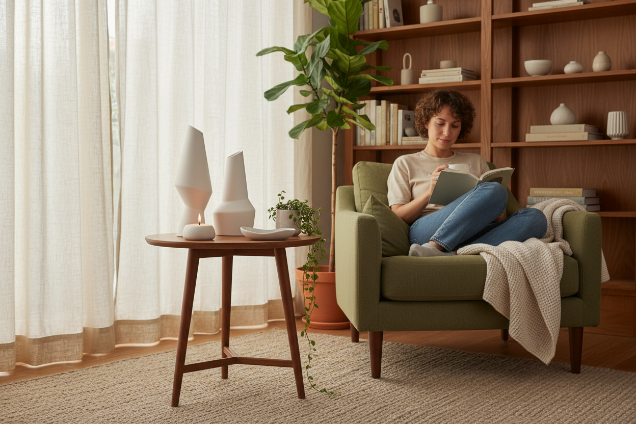 Jarrones en mesa auxiliar junto a zona de lectura