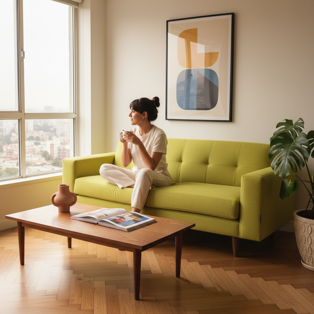 Sofá Atolón Colors Chartreuse Claro en living moderno con persona, Medular Sofá Chile