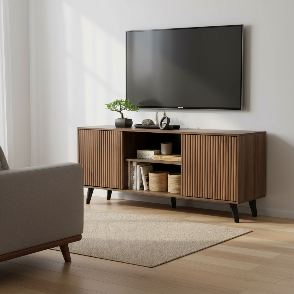 Modern TV console in minimalist living room