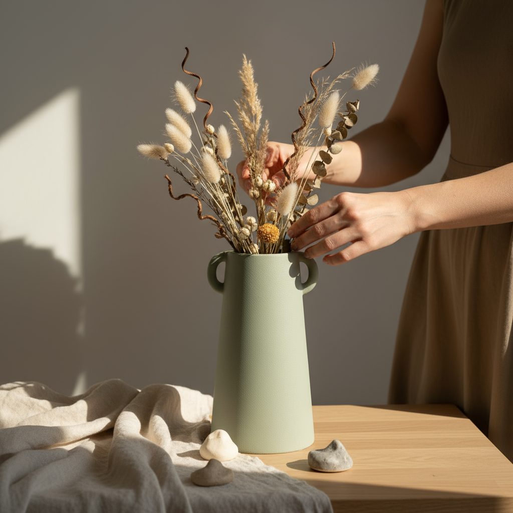 Person arranging dried flowers in ceramic vase