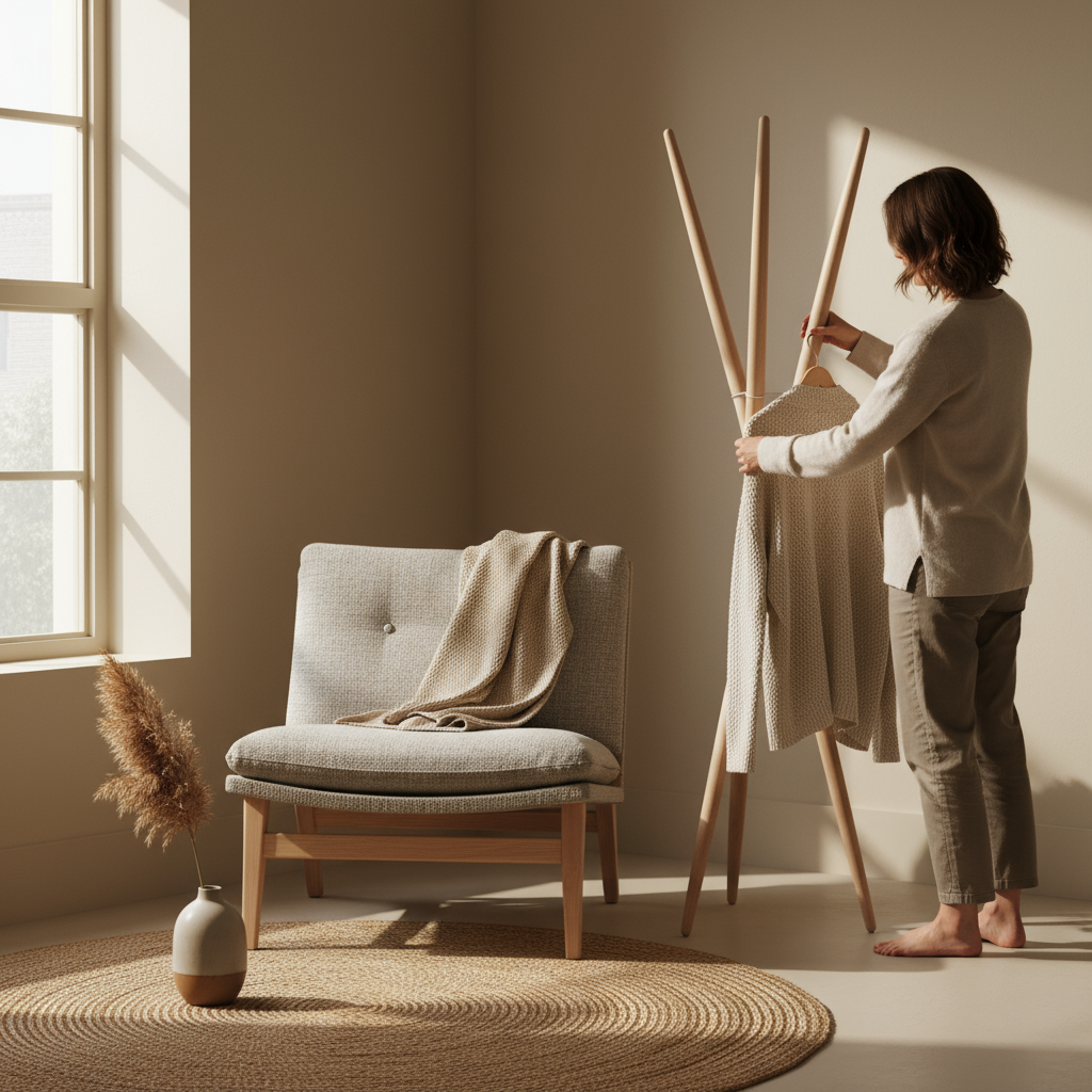 Persona colgando chaqueta en perchero