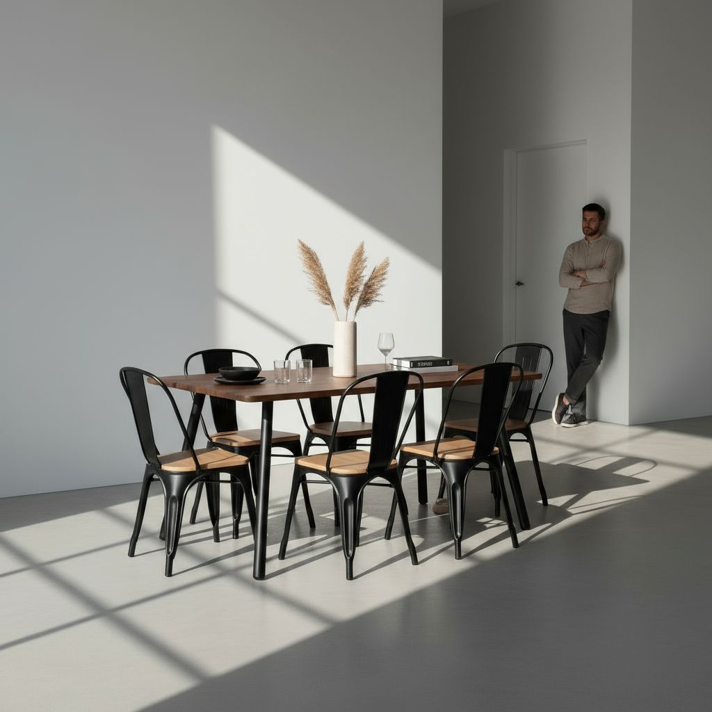 Juego de Comedor Aula Nogal 6P + Silla Tolix Madera