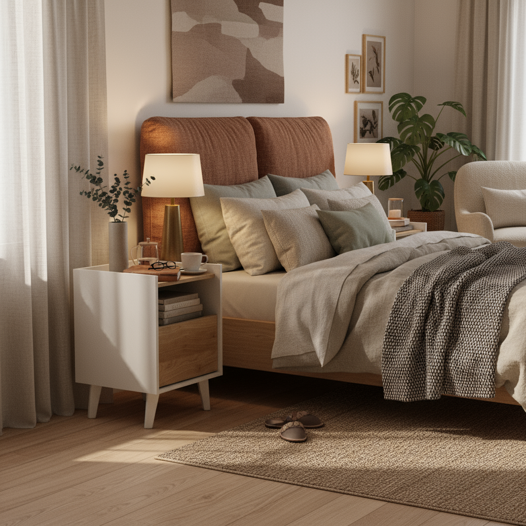 Velador Pop Roble en dormitorio