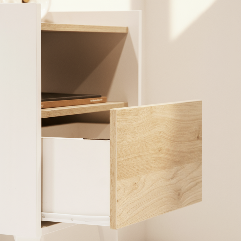 Velador Pop Roble with drawer open - warm lighting